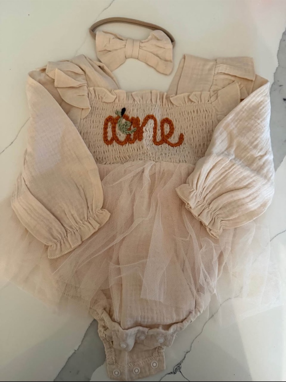 Pumpkin First Birthday Tulle Romper with Bow Headband